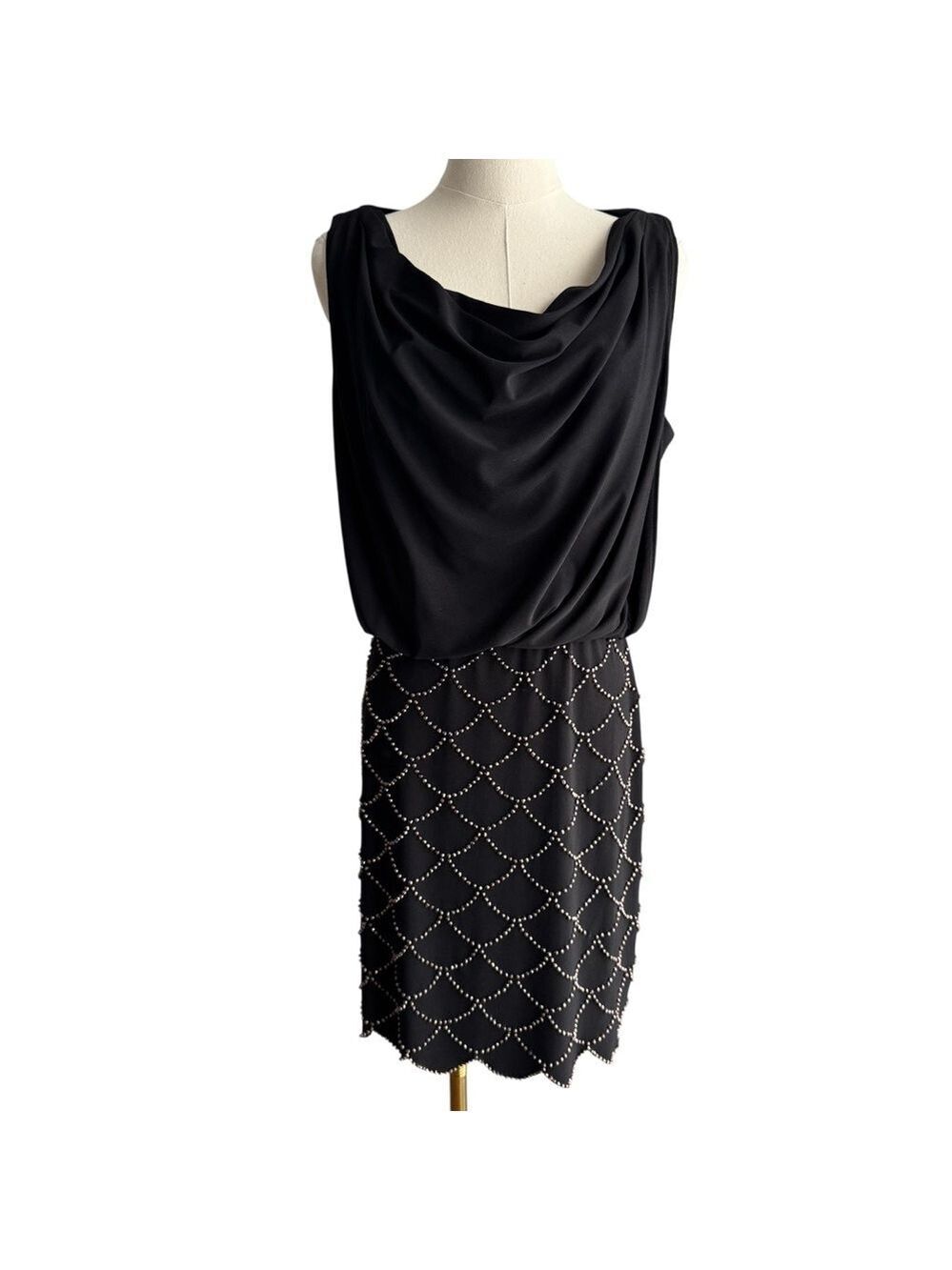 Sexy Draped Cocktail Dress Sz 10 Black Beaded Skirt Sleeveless Party Stretch EUC